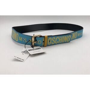 NWT Moschino Couture Men's Blue Yellow Logo Leather Belt Gold Buckle Size 52